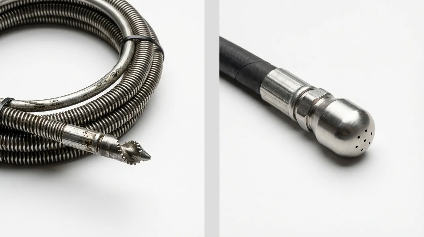 Drain snake cable and hydro jetting nozzle used for drain cleaning in Lancaster, CA
