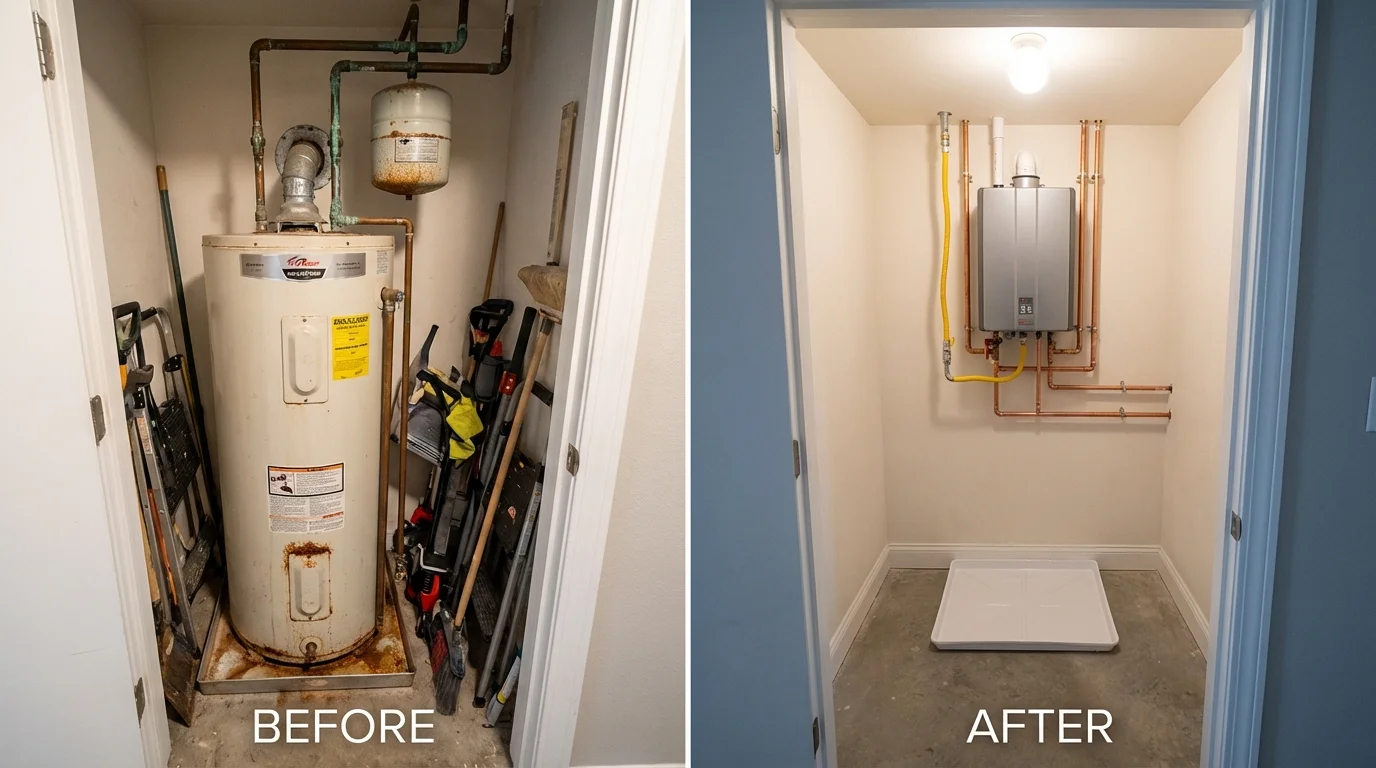 Tank water heater versus wall-mounted tankless unit comparison for Lancaster, CA homeowners